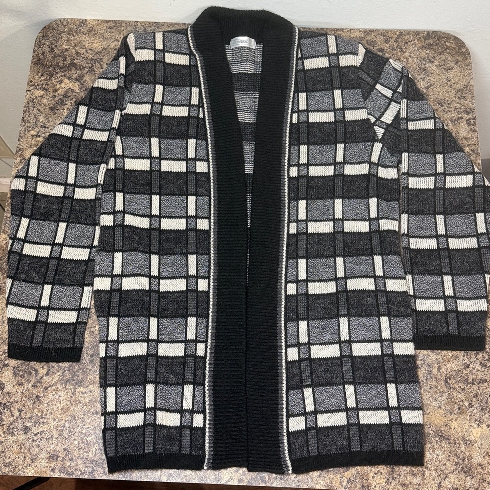 Woolworths Vintage Open Front Plaid Black & Gray Duster Cardigan Women’s Sz S